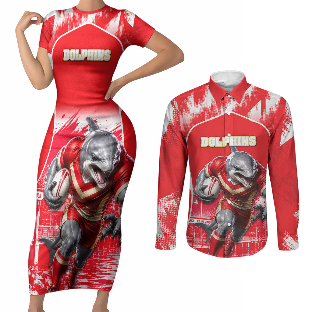 Personalised Dolphins Mascot Rugby Couples Matching Short Sleeve Bodycon Dress and Long Sleeve Button Shirt Redcliffe Peninsula Athletic Graphic Print