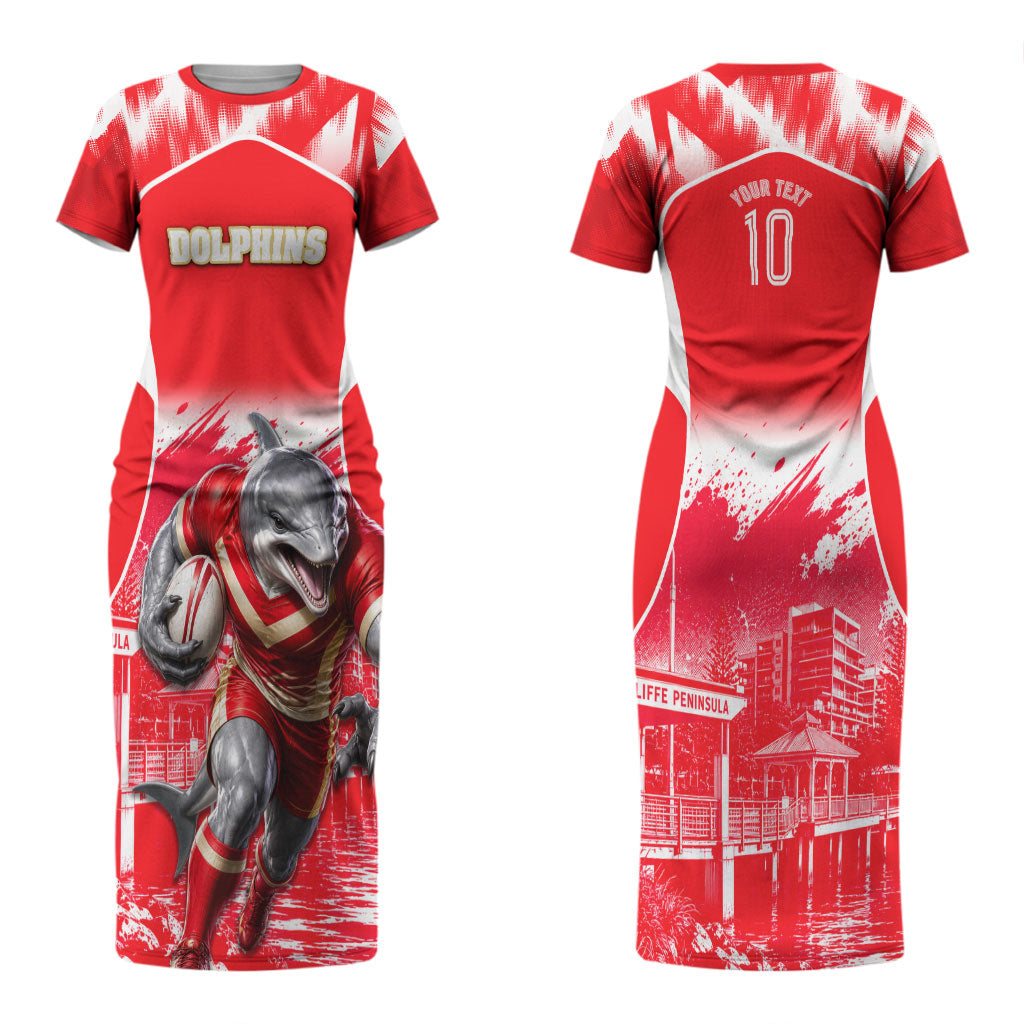 Personalised Dolphins Mascot Rugby Couples Matching Short Sleeve Bodycon Dress and Long Sleeve Button Shirt Redcliffe Peninsula Athletic Graphic Print