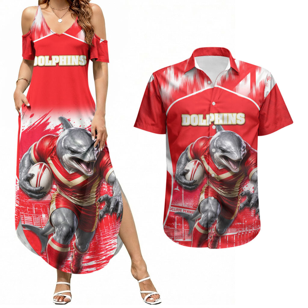 Personalised Dolphins Mascot Rugby Couples Matching Summer Maxi Dress and Hawaiian Shirt Redcliffe Peninsula Athletic Graphic Print