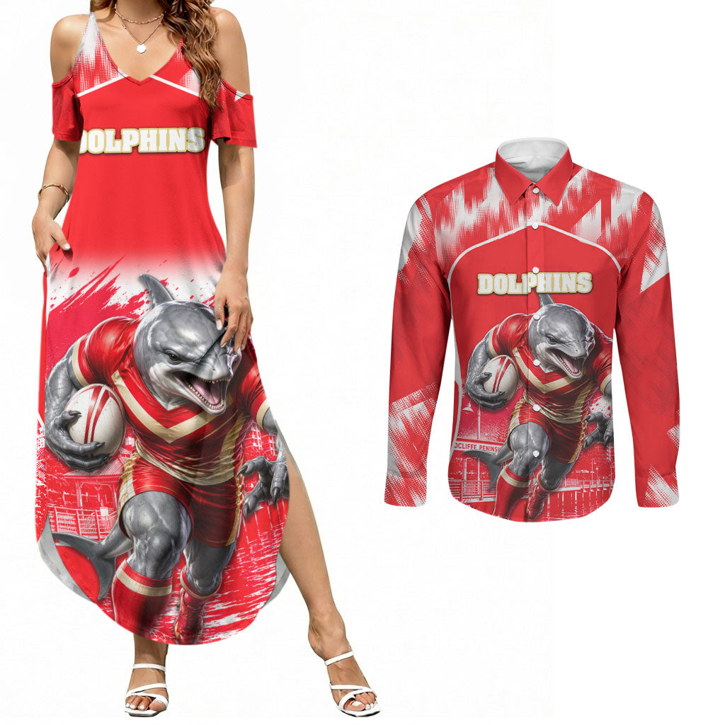 Personalised Dolphins Mascot Rugby Couples Matching Summer Maxi Dress and Long Sleeve Button Shirt Redcliffe Peninsula Athletic Graphic Print