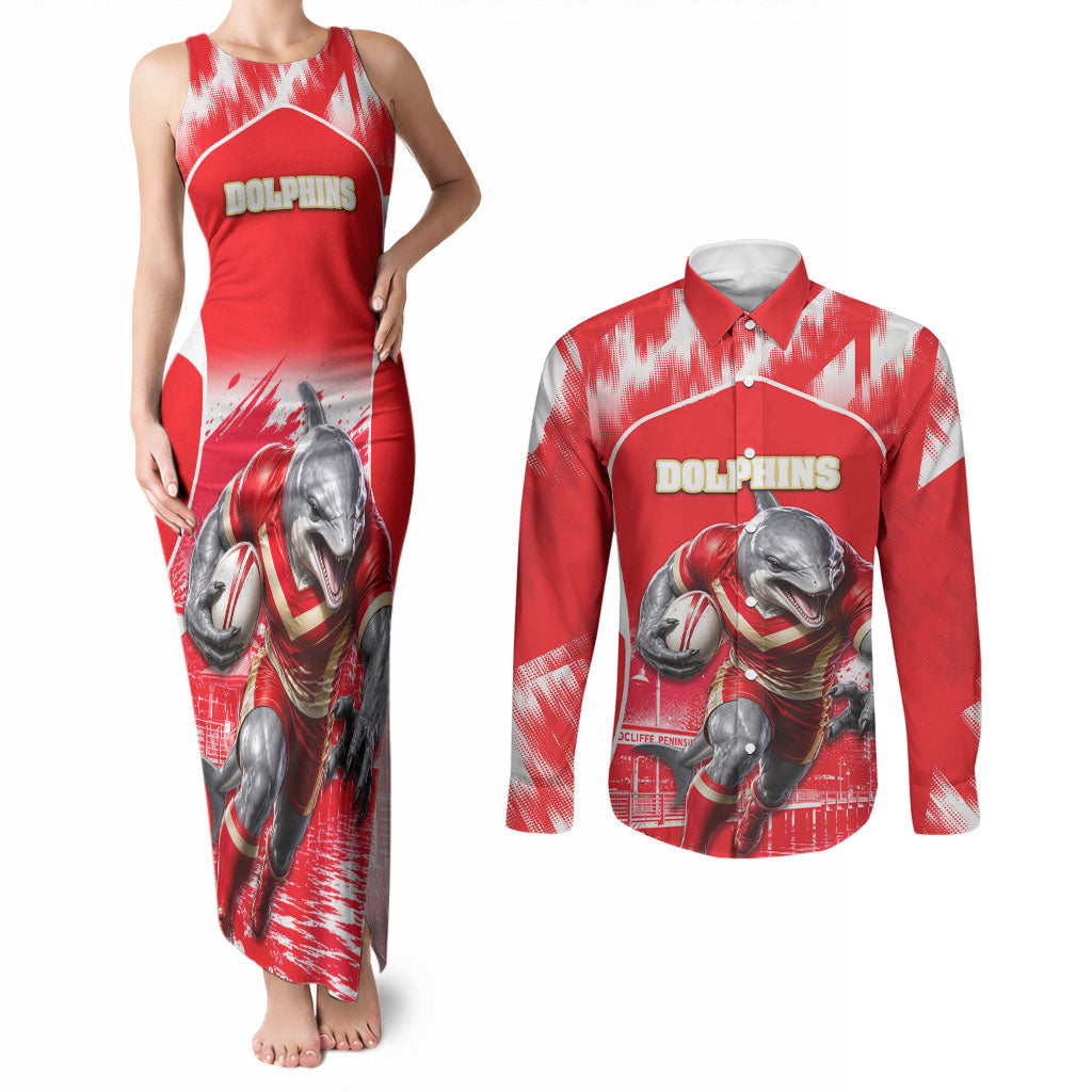 Personalised Dolphins Mascot Rugby Couples Matching Tank Maxi Dress and Long Sleeve Button Shirt Redcliffe Peninsula Athletic Graphic Print