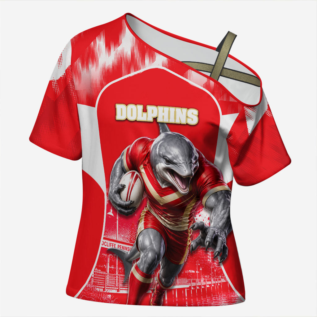 Personalised Dolphins Mascot Rugby Cross Shoulder Shirt Redcliffe Peninsula Athletic Graphic Print