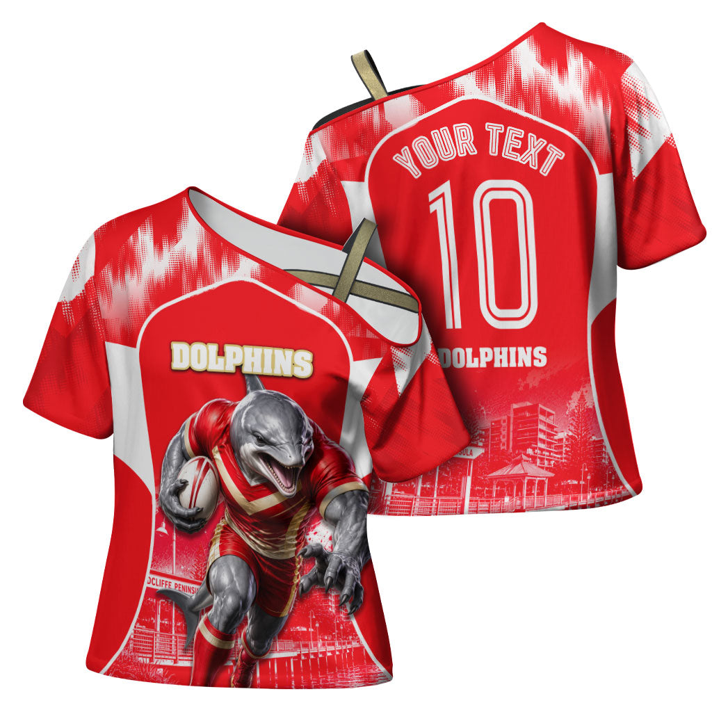 Personalised Dolphins Mascot Rugby Cross Shoulder Shirt Redcliffe Peninsula Athletic Graphic Print
