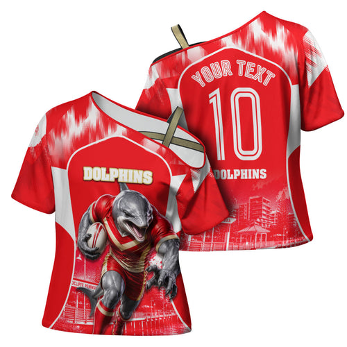 Personalised Dolphins Mascot Rugby Cross Shoulder Shirt Redcliffe Peninsula Athletic Graphic Print