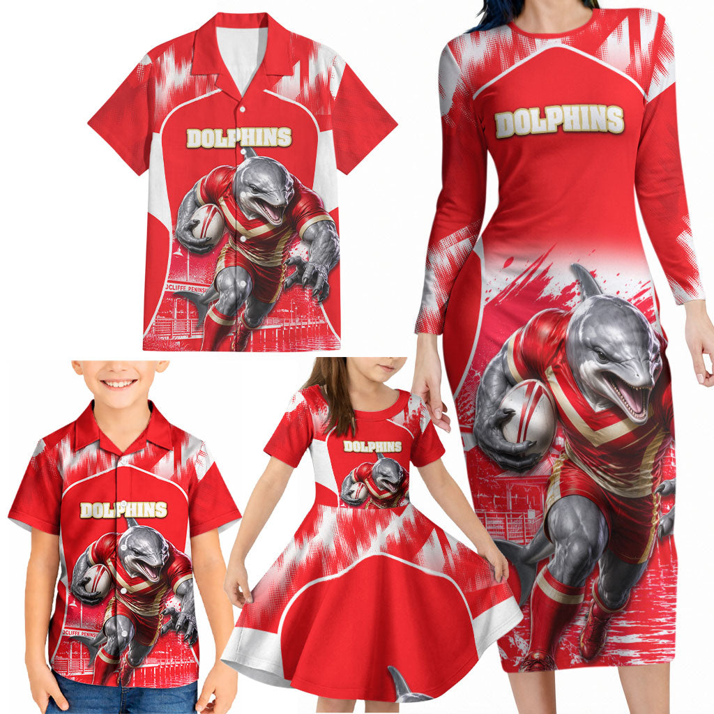 Personalised Dolphins Mascot Rugby Family Matching Long Sleeve Bodycon Dress and Hawaiian Shirt Redcliffe Peninsula Athletic Graphic Print