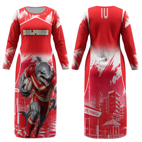 Personalised Dolphins Mascot Rugby Family Matching Long Sleeve Bodycon Dress and Hawaiian Shirt Redcliffe Peninsula Athletic Graphic Print