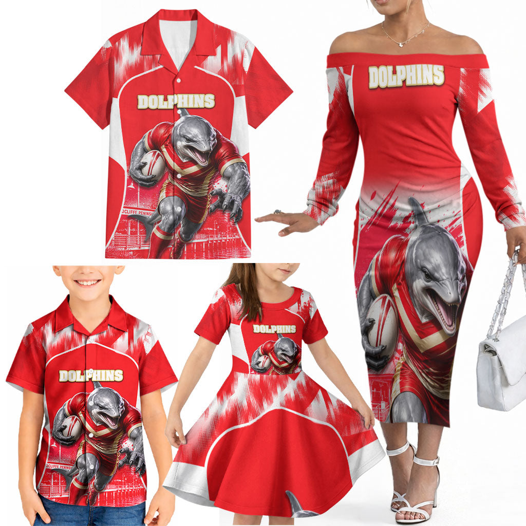 Personalised Dolphins Mascot Rugby Family Matching Off The Shoulder Long Sleeve Dress and Hawaiian Shirt Redcliffe Peninsula Athletic Graphic Print