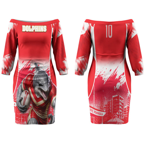 Personalised Dolphins Mascot Rugby Family Matching Off The Shoulder Long Sleeve Dress and Hawaiian Shirt Redcliffe Peninsula Athletic Graphic Print