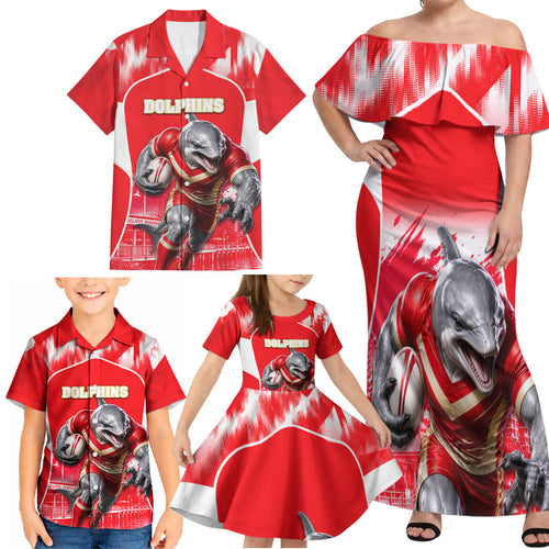 Personalised Dolphins Mascot Rugby Family Matching Off Shoulder Maxi Dress and Hawaiian Shirt Redcliffe Peninsula Athletic Graphic Print