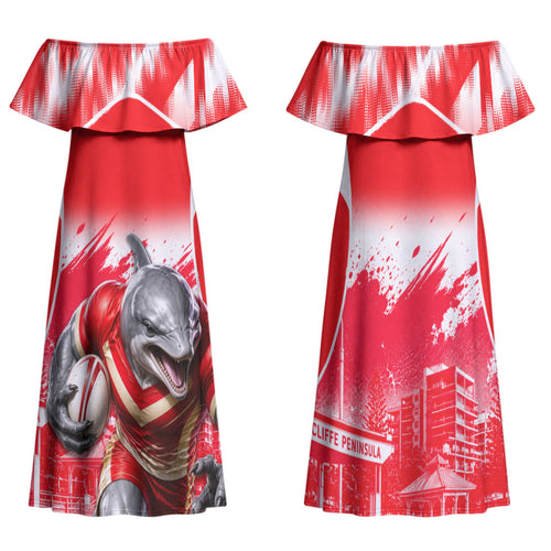 Personalised Dolphins Mascot Rugby Family Matching Off Shoulder Maxi Dress and Hawaiian Shirt Redcliffe Peninsula Athletic Graphic Print