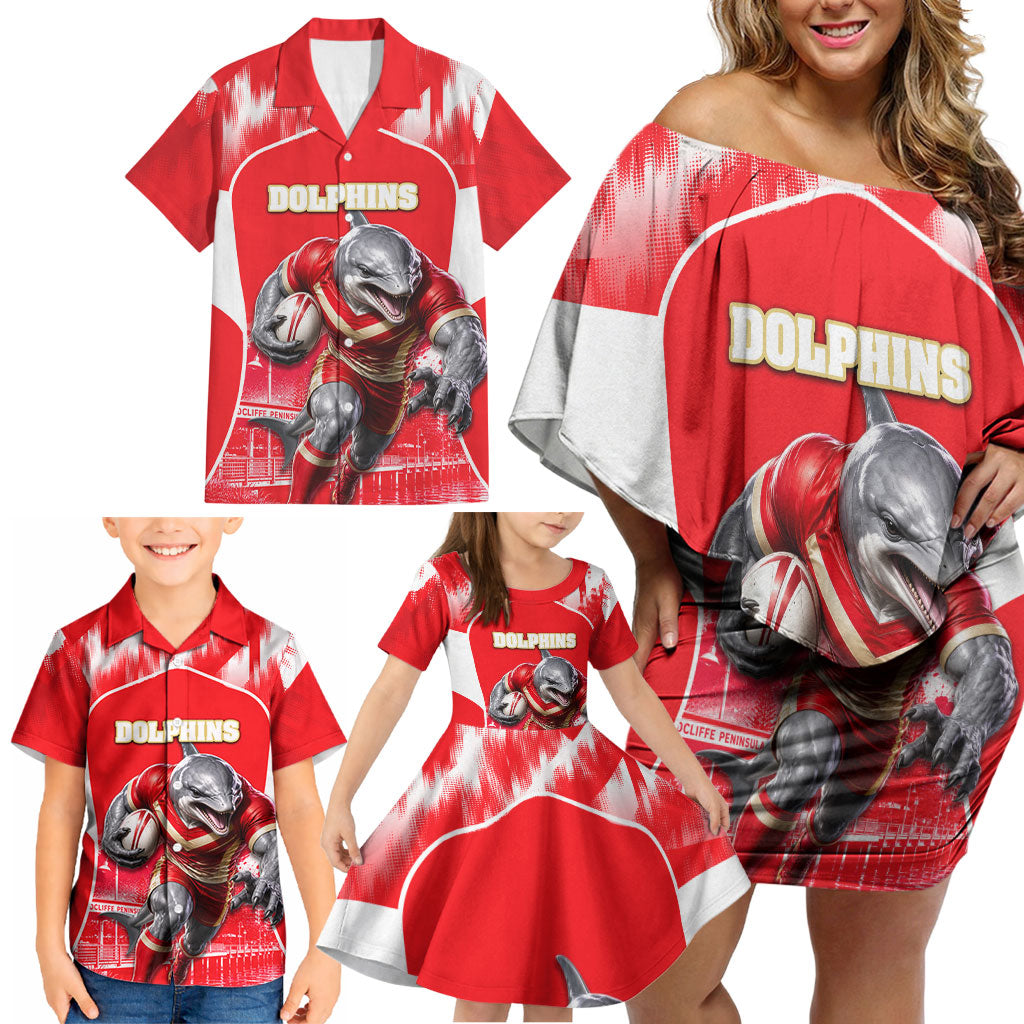 Personalised Dolphins Mascot Rugby Family Matching Off Shoulder Short Dress and Hawaiian Shirt Redcliffe Peninsula Athletic Graphic Print