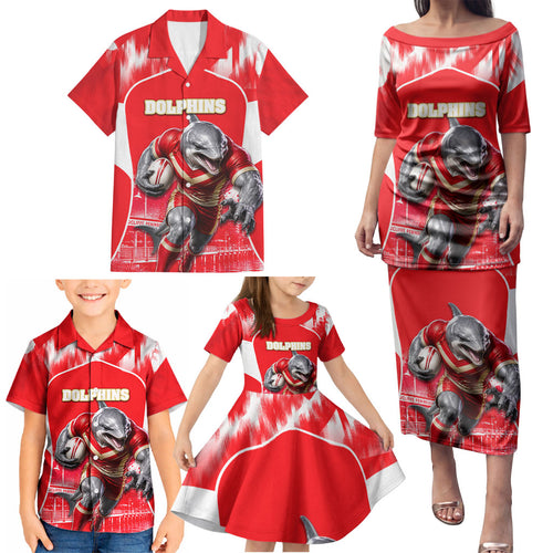 Personalised Dolphins Mascot Rugby Family Matching Puletasi and Hawaiian Shirt Redcliffe Peninsula Athletic Graphic Print
