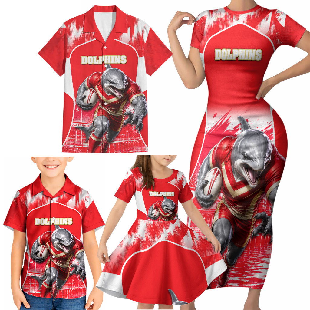 Personalised Dolphins Mascot Rugby Family Matching Short Sleeve Bodycon Dress and Hawaiian Shirt Redcliffe Peninsula Athletic Graphic Print