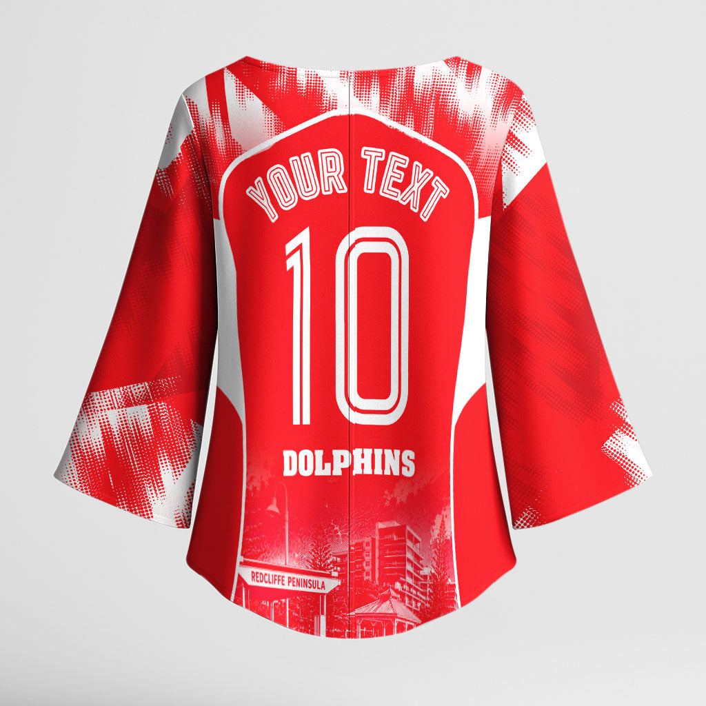 Personalised Dolphins Mascot Rugby Kimono Sleeve Blouse Redcliffe Peninsula Athletic Graphic Print