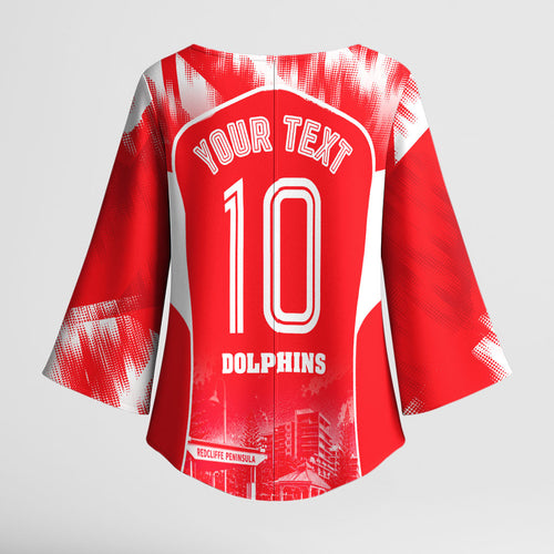 Personalised Dolphins Mascot Rugby Kimono Sleeve Blouse Redcliffe Peninsula Athletic Graphic Print