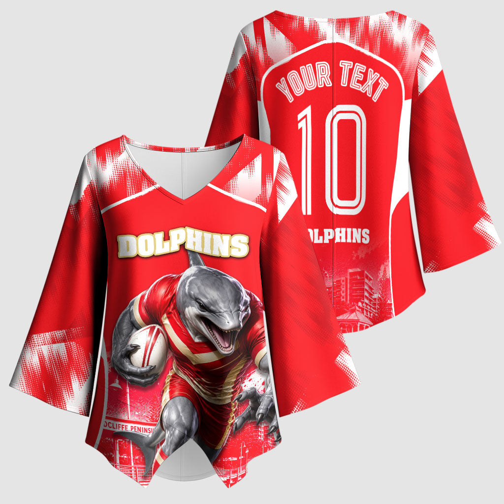 Personalised Dolphins Mascot Rugby Kimono Sleeve Blouse Redcliffe Peninsula Athletic Graphic Print