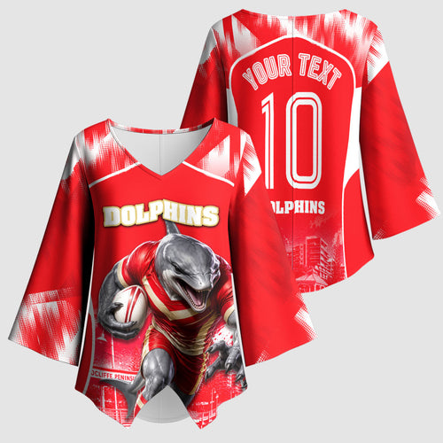 Personalised Dolphins Mascot Rugby Kimono Sleeve Blouse Redcliffe Peninsula Athletic Graphic Print