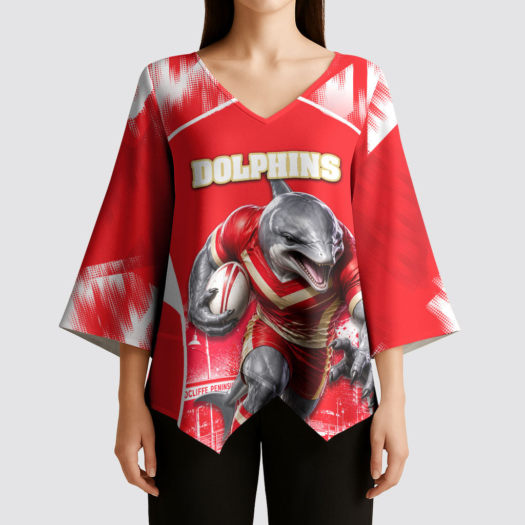 Personalised Dolphins Mascot Rugby Kimono Sleeve Blouse Redcliffe Peninsula Athletic Graphic Print