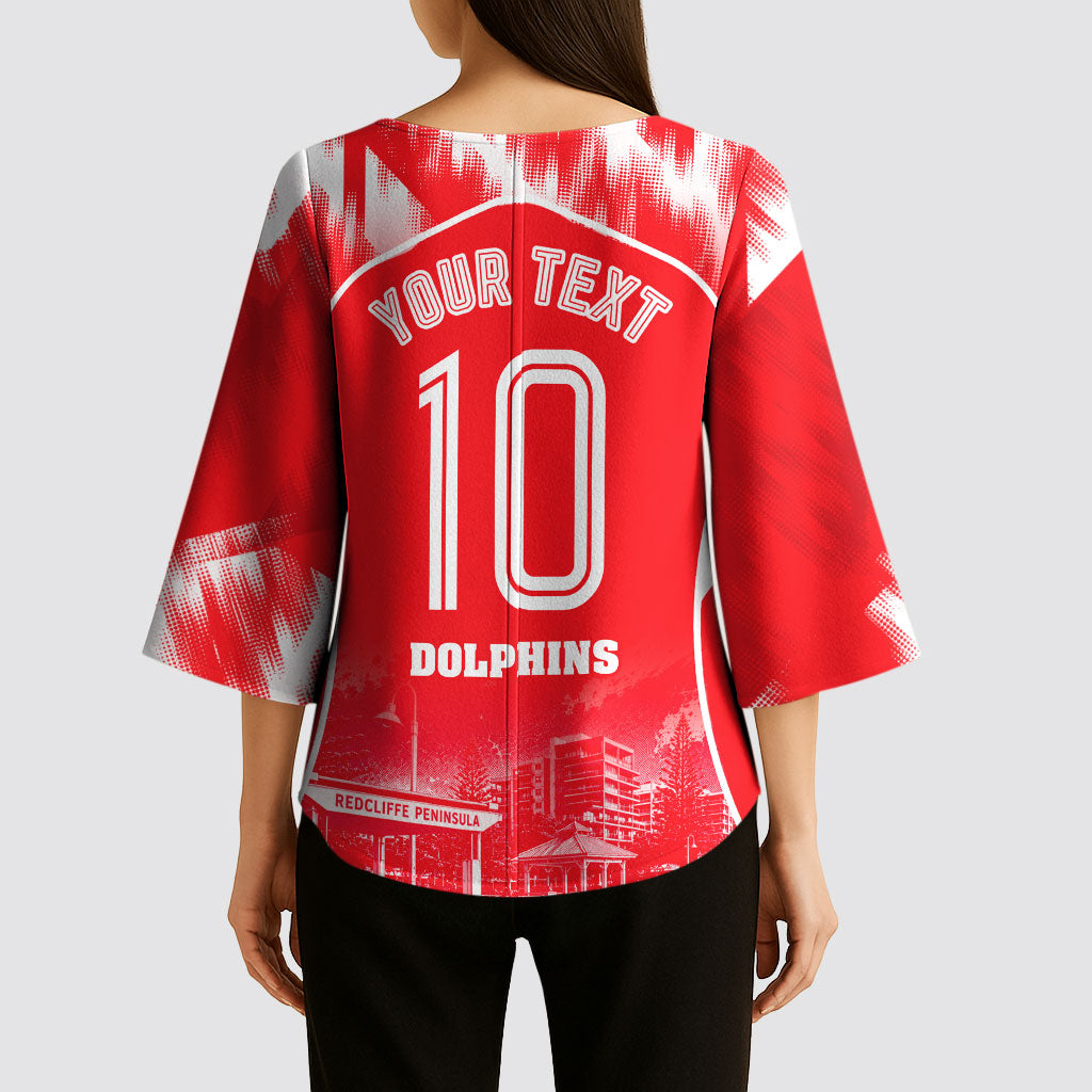 Personalised Dolphins Mascot Rugby Kimono Sleeve Blouse Redcliffe Peninsula Athletic Graphic Print