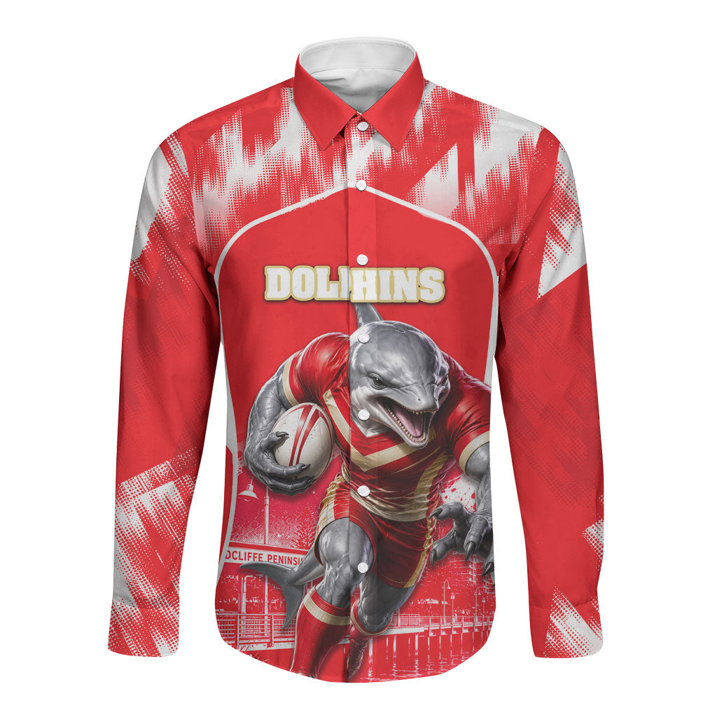 Personalised Dolphins Mascot Rugby Long Sleeve Button Shirt Redcliffe Peninsula Athletic Graphic Print