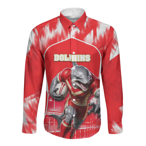 Personalised Dolphins Mascot Rugby Long Sleeve Button Shirt Redcliffe Peninsula Athletic Graphic Print
