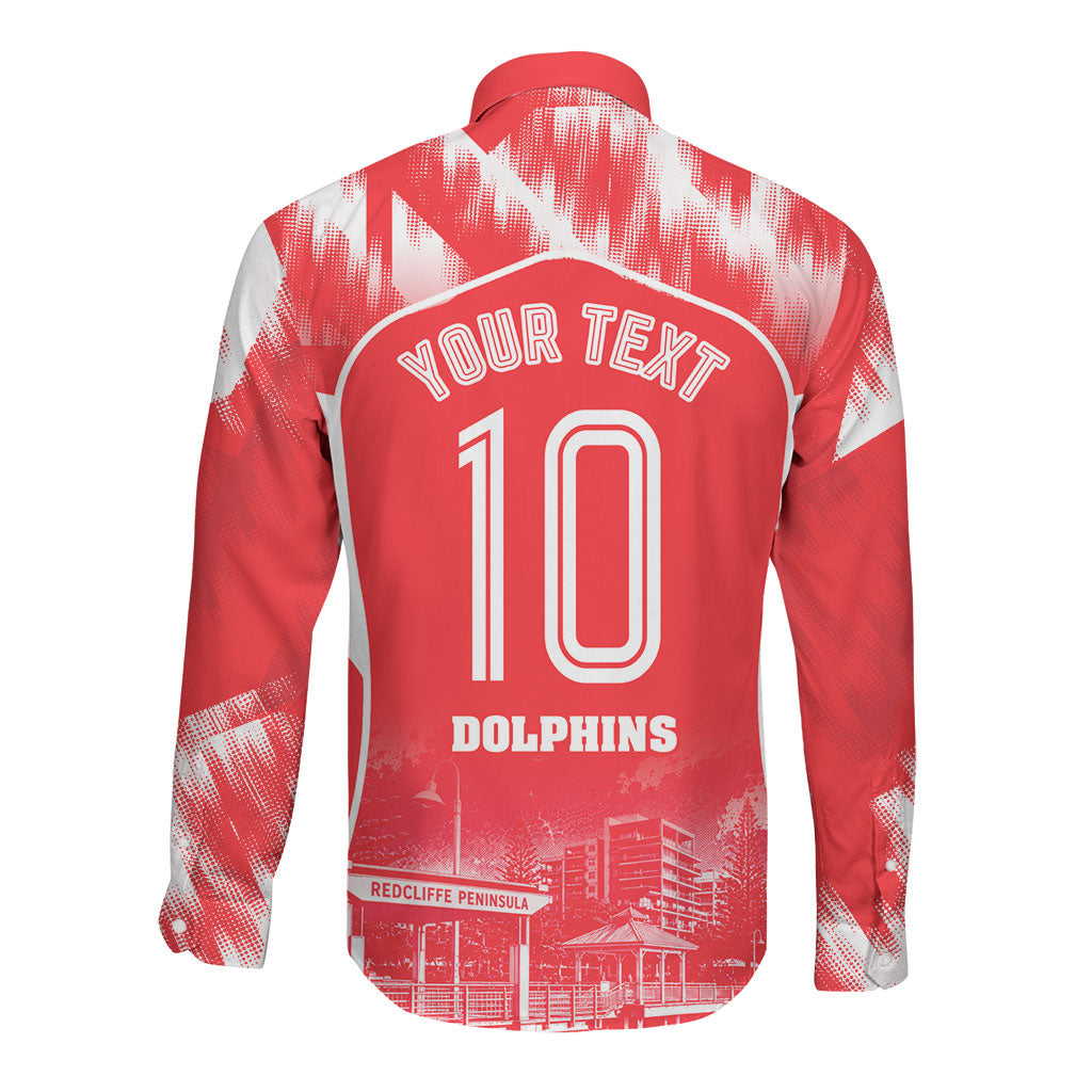 Personalised Dolphins Mascot Rugby Long Sleeve Button Shirt Redcliffe Peninsula Athletic Graphic Print