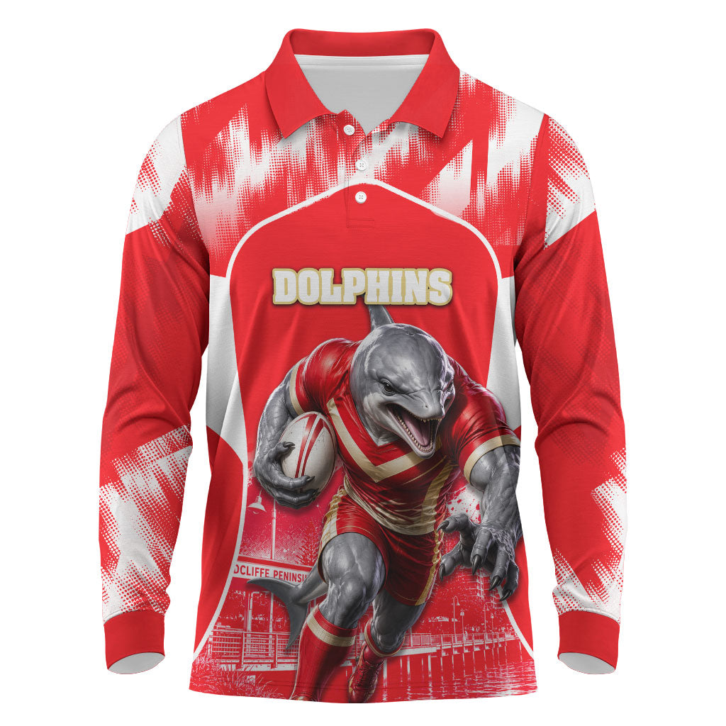 Personalised Dolphins Mascot Rugby Long Sleeve Polo Shirt Redcliffe Peninsula Athletic Graphic Print