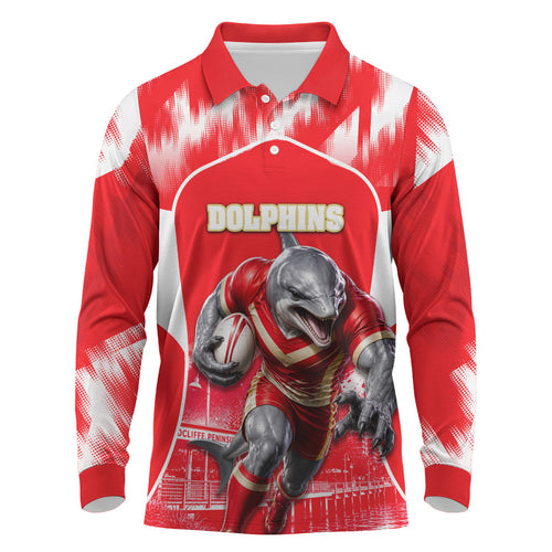 Personalised Dolphins Mascot Rugby Long Sleeve Polo Shirt Redcliffe Peninsula Athletic Graphic Print