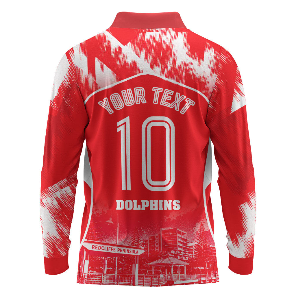 Personalised Dolphins Mascot Rugby Long Sleeve Polo Shirt Redcliffe Peninsula Athletic Graphic Print