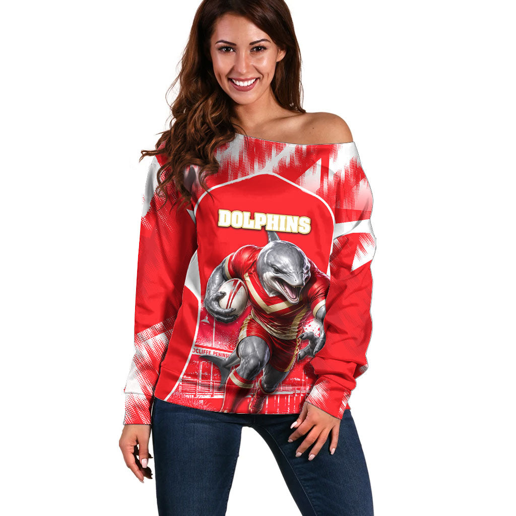 Personalised Dolphins Mascot Rugby Off Shoulder Sweater Redcliffe Peninsula Athletic Graphic Print
