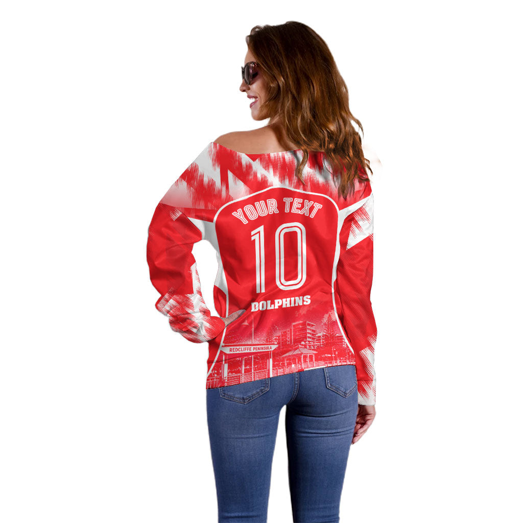Personalised Dolphins Mascot Rugby Off Shoulder Sweater Redcliffe Peninsula Athletic Graphic Print