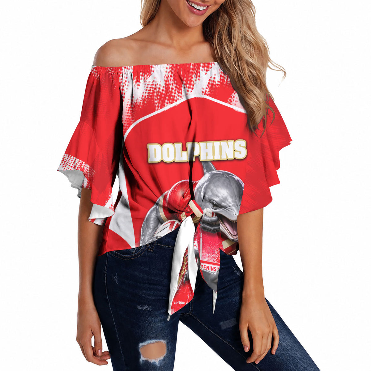 Personalised Dolphins Mascot Rugby Off Shoulder Wrap Waist Top Redcliffe Peninsula Athletic Graphic Print