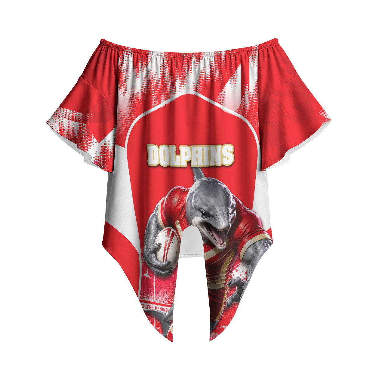 Personalised Dolphins Mascot Rugby Off Shoulder Wrap Waist Top Redcliffe Peninsula Athletic Graphic Print
