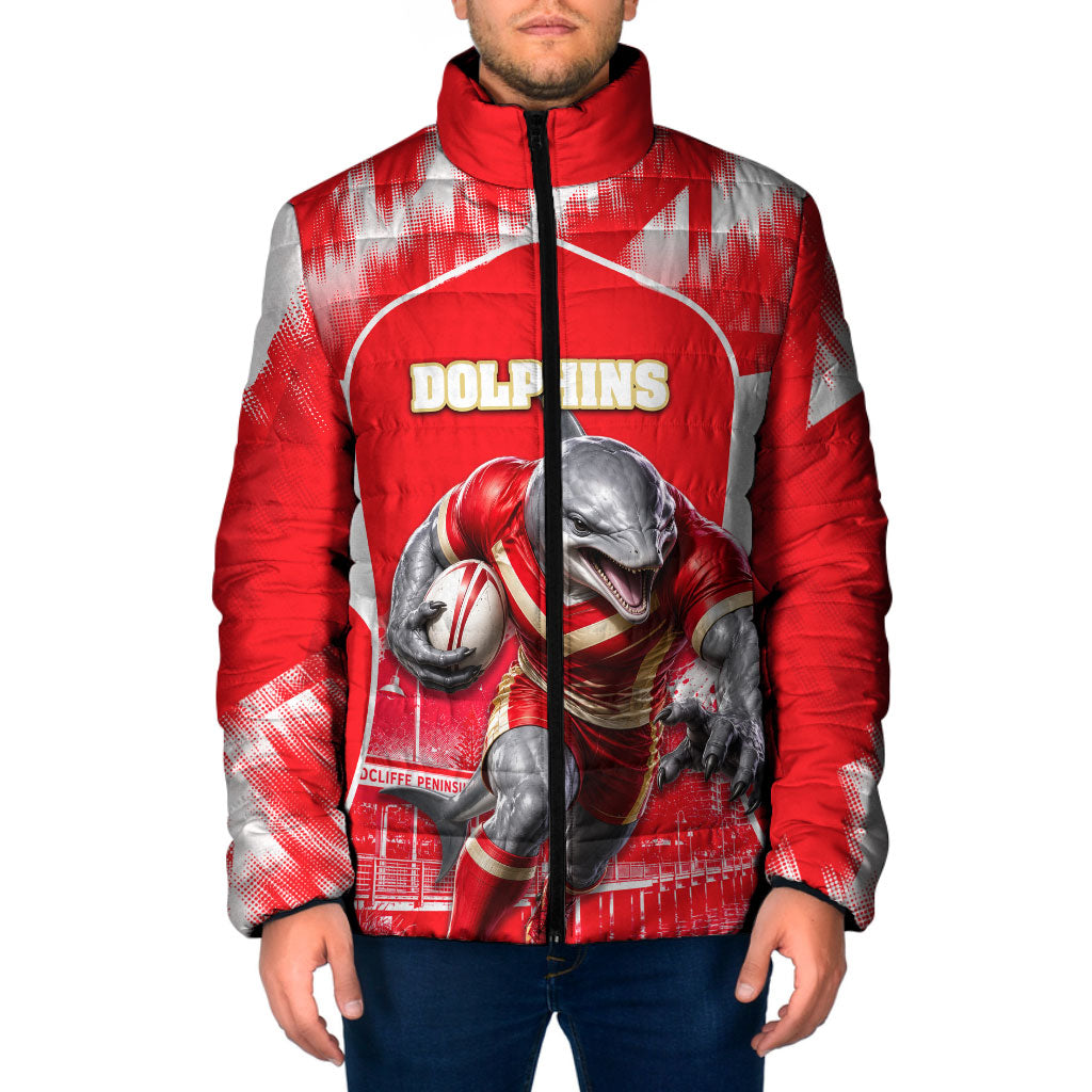 Personalised Dolphins Mascot Rugby Padded Jacket Redcliffe Peninsula Athletic Graphic Print