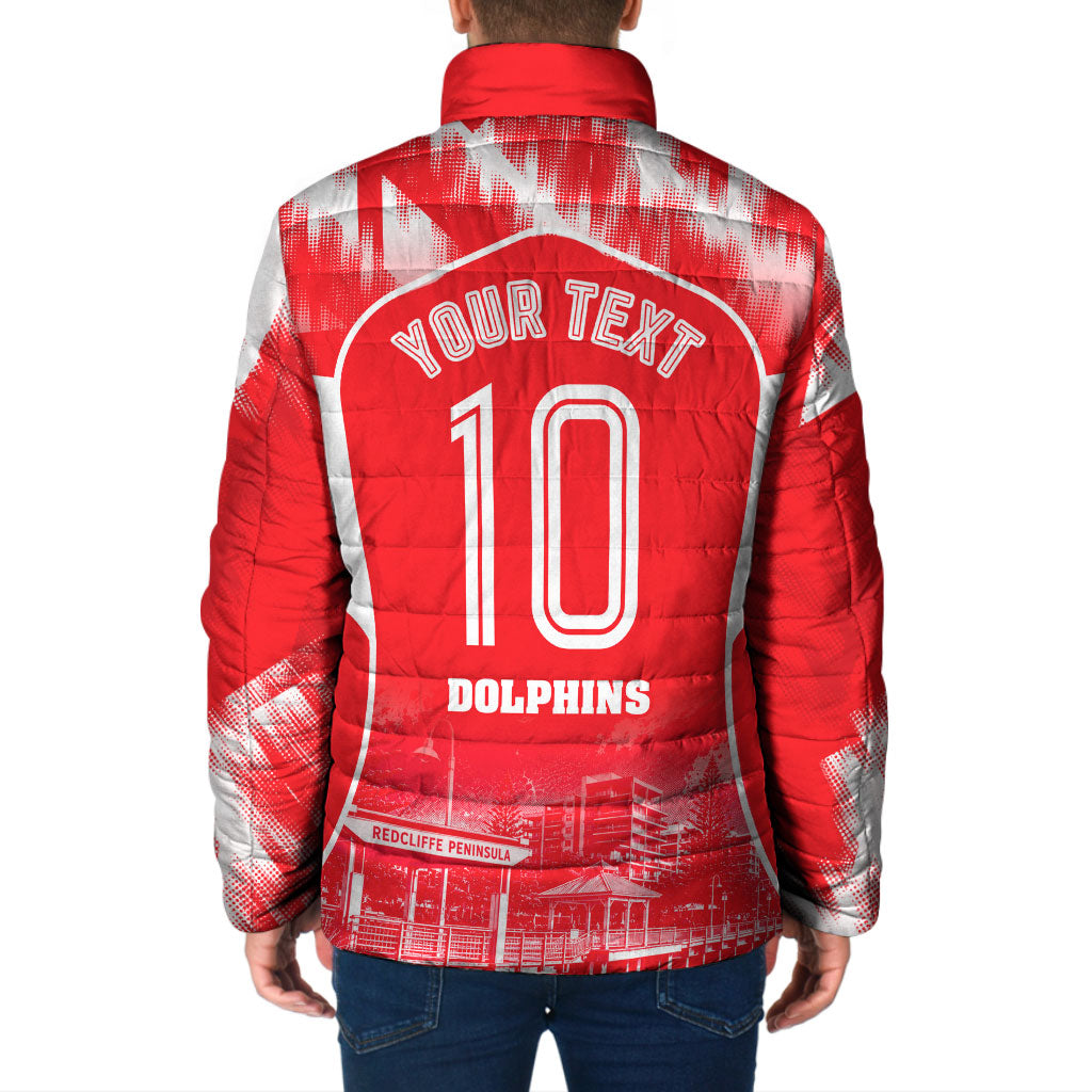 Personalised Dolphins Mascot Rugby Padded Jacket Redcliffe Peninsula Athletic Graphic Print