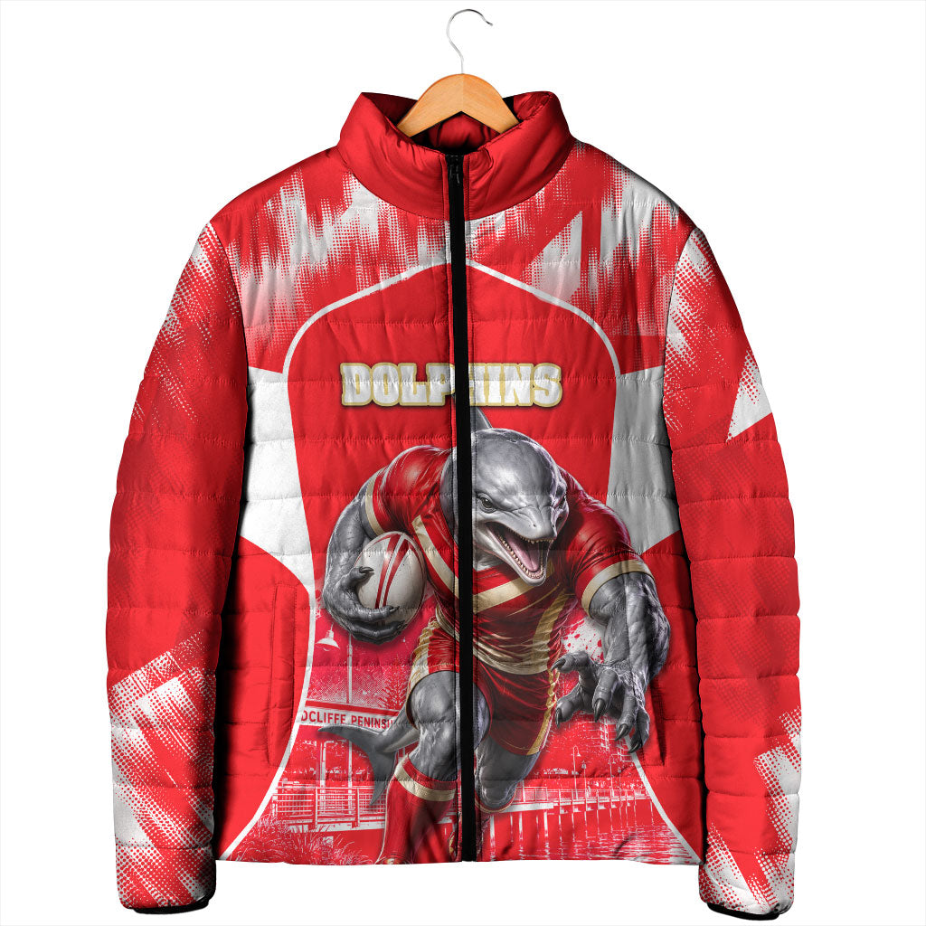Personalised Dolphins Mascot Rugby Padded Jacket Redcliffe Peninsula Athletic Graphic Print