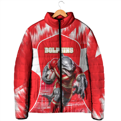Personalised Dolphins Mascot Rugby Padded Jacket Redcliffe Peninsula Athletic Graphic Print