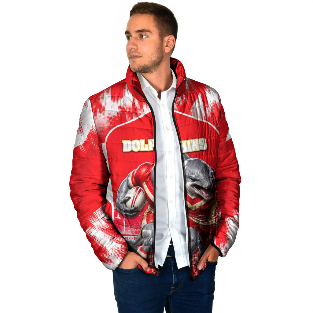 Personalised Dolphins Mascot Rugby Padded Jacket Redcliffe Peninsula Athletic Graphic Print