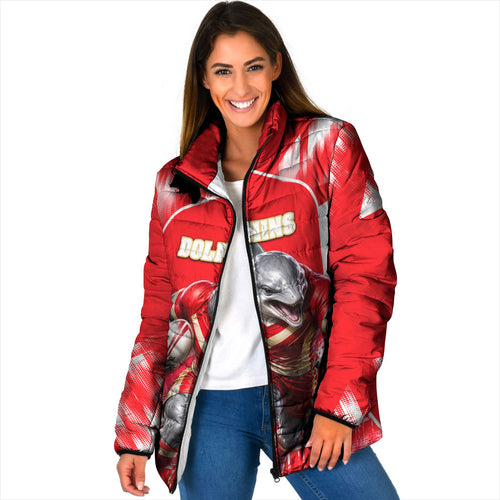 Personalised Dolphins Mascot Rugby Padded Jacket Redcliffe Peninsula Athletic Graphic Print