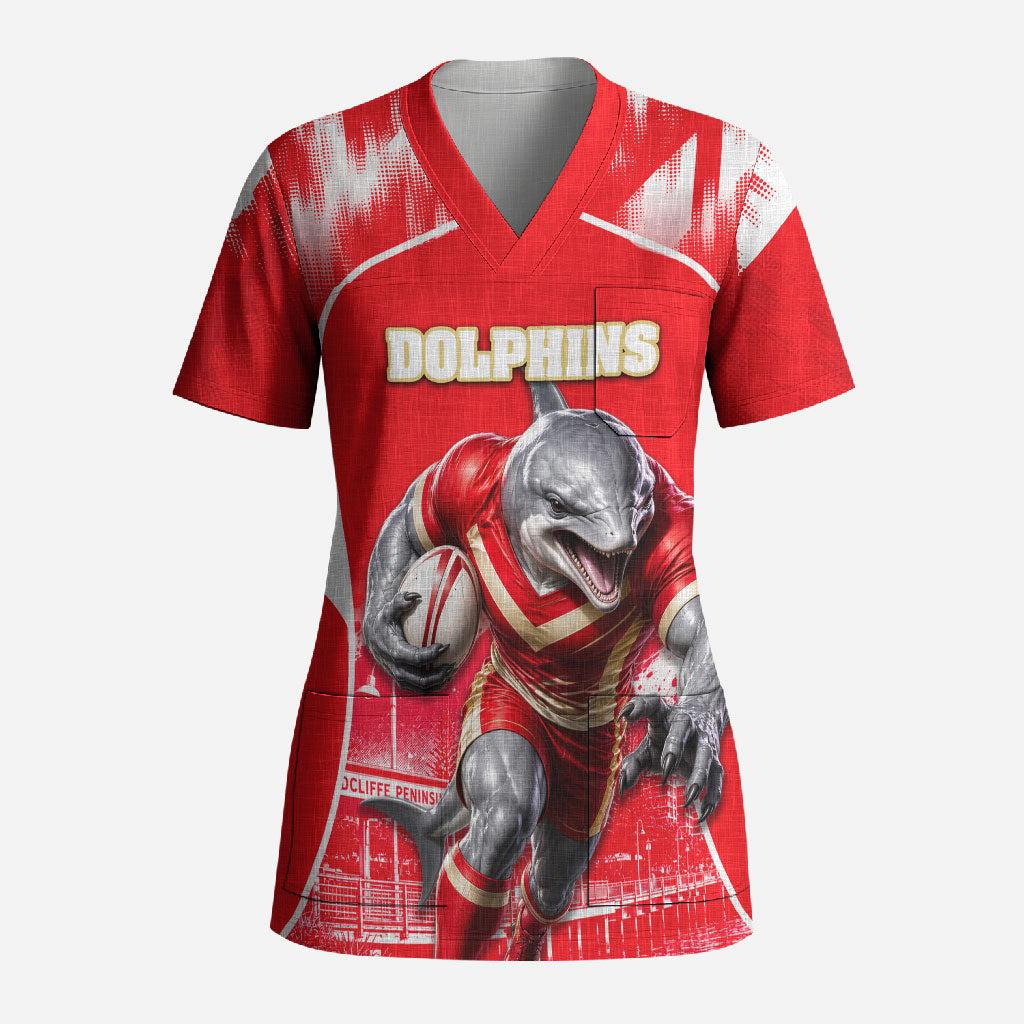 Personalised Dolphins Mascot Rugby Scrub Top Redcliffe Peninsula Athletic Graphic Print