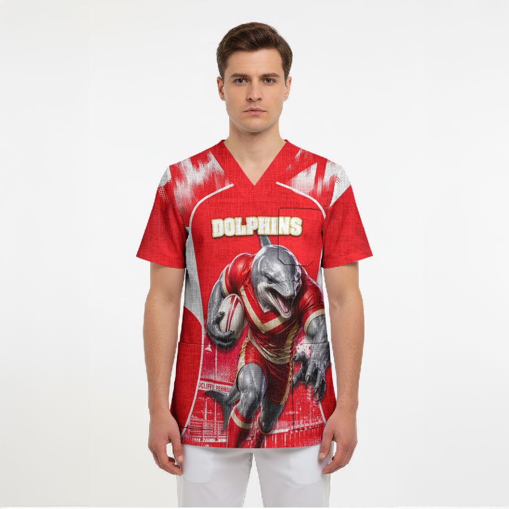 Personalised Dolphins Mascot Rugby Scrub Top Redcliffe Peninsula Athletic Graphic Print