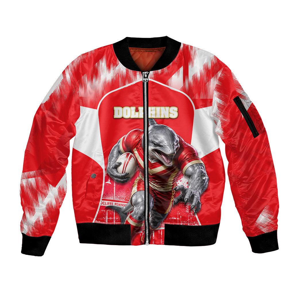 Personalised Dolphins Mascot Rugby Sleeve Zip Bomber Jacket Redcliffe Peninsula Athletic Graphic Print