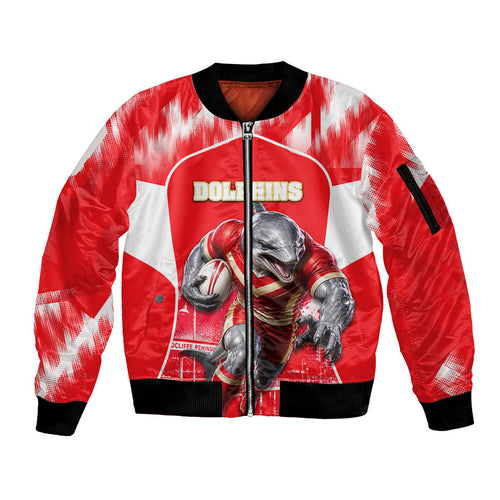 Personalised Dolphins Mascot Rugby Sleeve Zip Bomber Jacket Redcliffe Peninsula Athletic Graphic Print