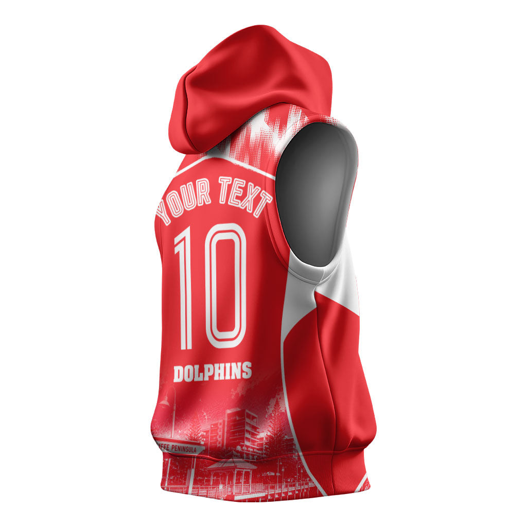 Personalised Dolphins Mascot Rugby Sleeveless Hoodie Redcliffe Peninsula Athletic Graphic Print
