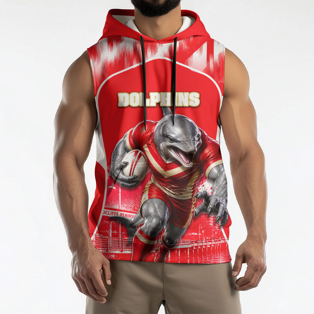 Personalised Dolphins Mascot Rugby Sleeveless Hoodie Redcliffe Peninsula Athletic Graphic Print