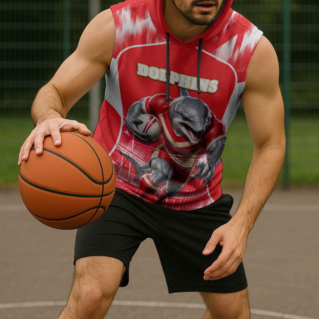Personalised Dolphins Mascot Rugby Sleeveless Hoodie Redcliffe Peninsula Athletic Graphic Print