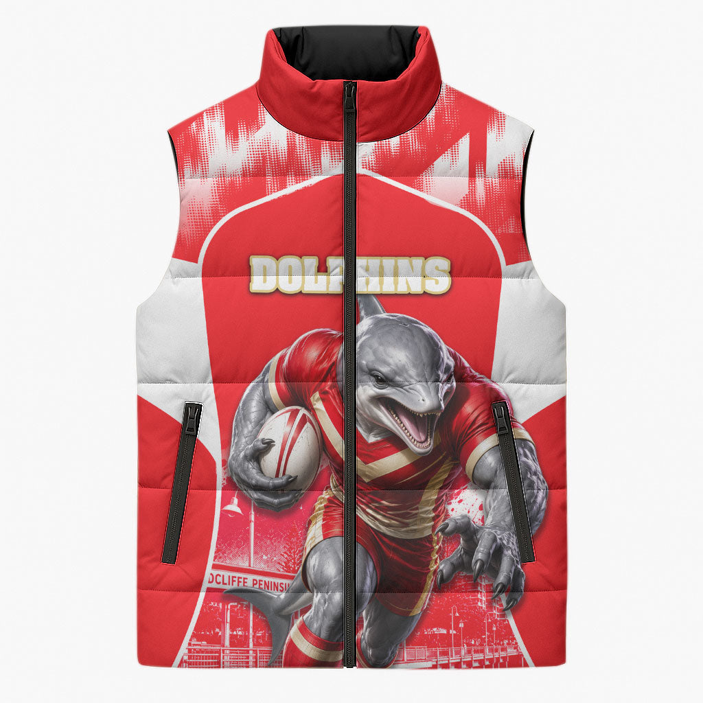 Personalised Dolphins Mascot Rugby Sleeveless Puffer Jacket Redcliffe Peninsula Athletic Graphic Print