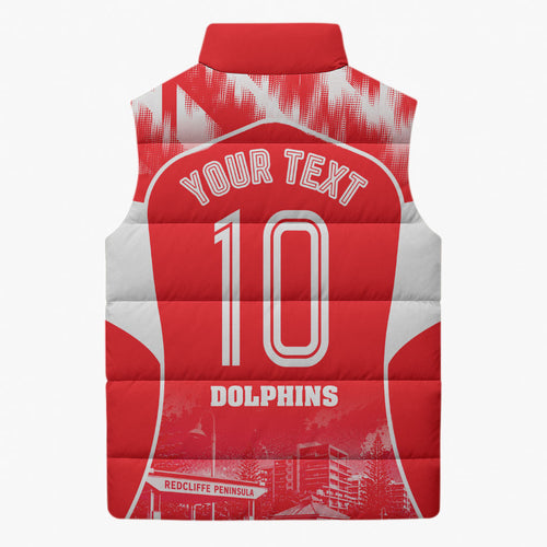 Personalised Dolphins Mascot Rugby Sleeveless Puffer Jacket Redcliffe Peninsula Athletic Graphic Print