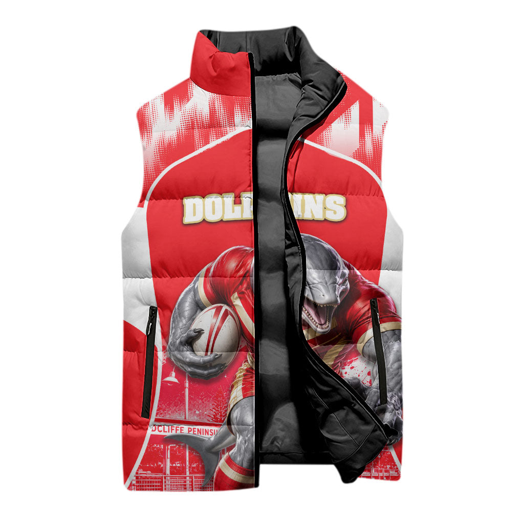 Personalised Dolphins Mascot Rugby Sleeveless Puffer Jacket Redcliffe Peninsula Athletic Graphic Print