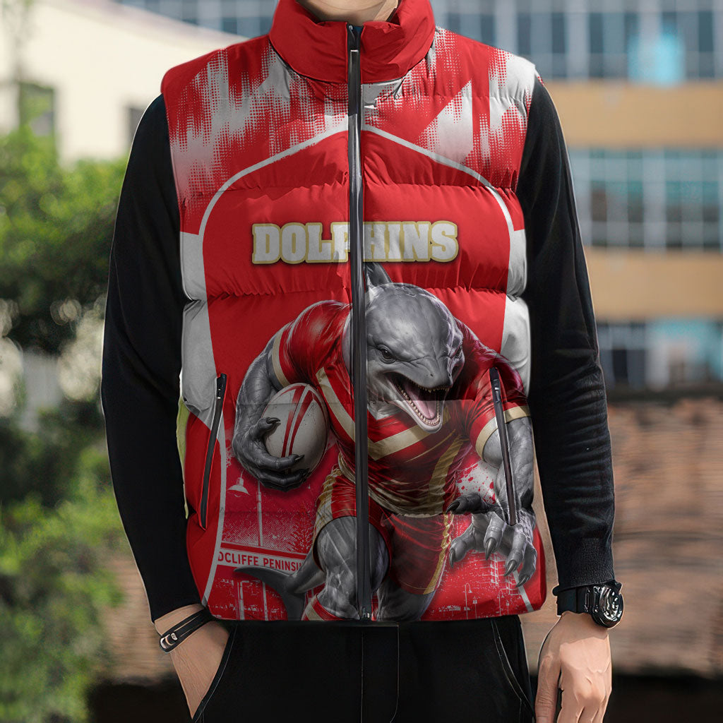 Personalised Dolphins Mascot Rugby Sleeveless Puffer Jacket Redcliffe Peninsula Athletic Graphic Print